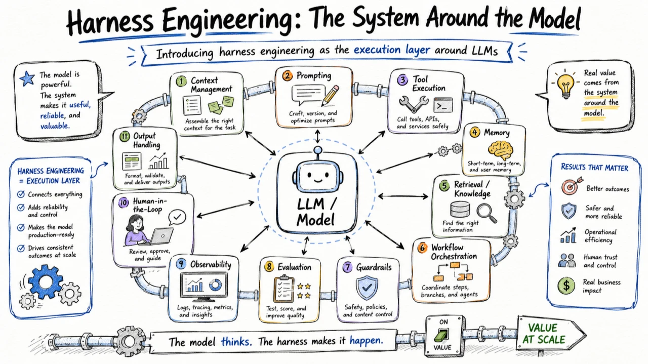 Diagram: eleven harness components around a central LLM — context management, prompting, tool execution, memory, retrieval, workflow orchestration, guardrails, evaluation, observability, human-in-the-loop and output handling
