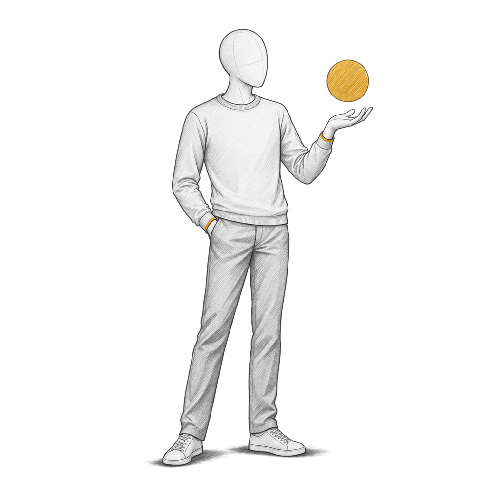 A faceless pencil-drawn figure standing at ease, one hand held palm-up balancing a small glowing amber sphere.