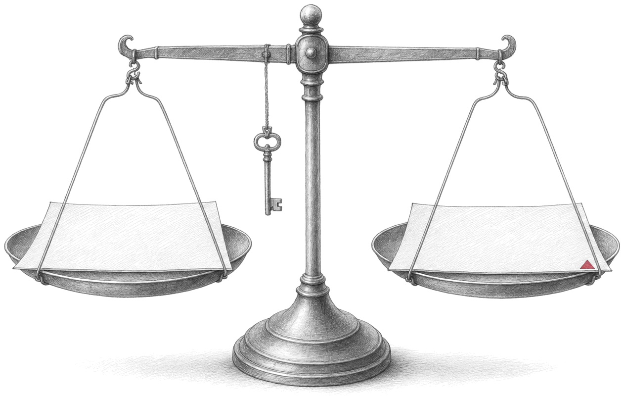 Graphite drawing on a white ground: an old balance scale in perfect equilibrium with one sheet of paper on each pan, the two sheets identical except for a small crimson triangle on one corner of the right-hand sheet; a small key hangs from the beam.