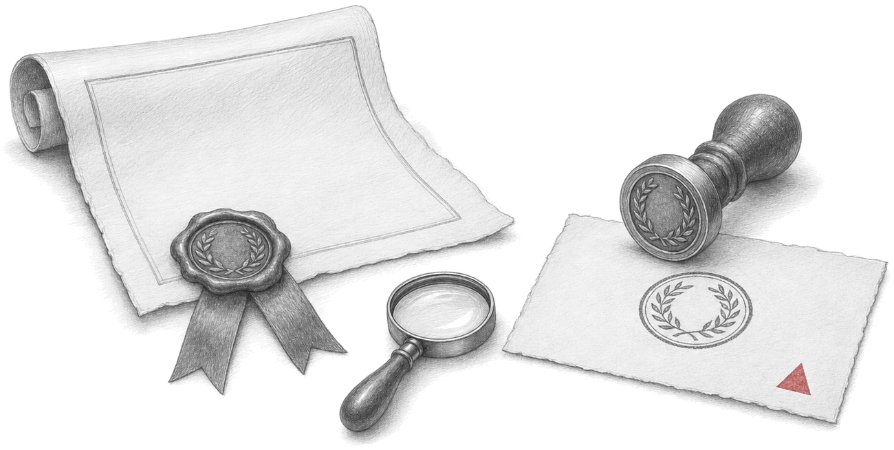 Graphite drawing on a white ground: on the left an unrolled certificate with a ribbon and a wax seal; on the right a carved hand stamp beside a fresh stamped impression on a loose slip that looks almost the same, marked with a small crimson triangle; a magnifying glass lies between them.