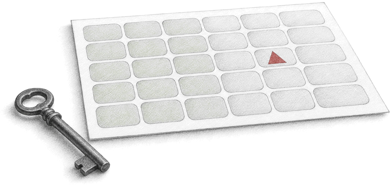 Graphite drawing on a white ground: an old key lies beside a sheet laid out as a grid of small blank tiles, like word tokens; the left tiles carry a pale green wash, the rest are grey, and one grey tile carries a small crimson triangle.