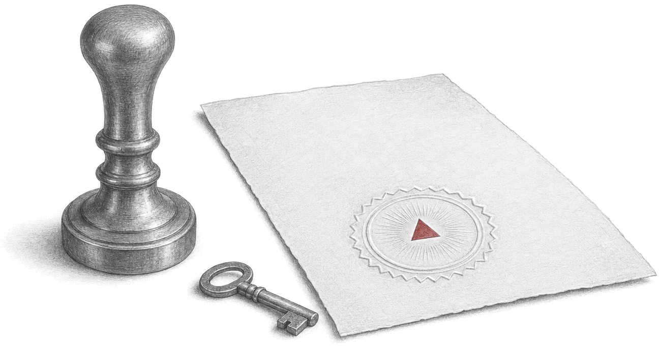 Graphite drawing on a white ground: a heavy metal desk seal stamp stands beside a printed sheet that carries a faint embossed circular seal impression with a small crimson triangle at its centre; a small key lies between them.