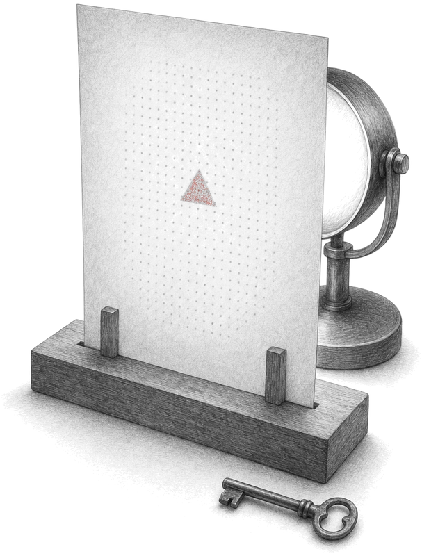 Graphite drawing on a white ground: a printed sheet stands upright in a wooden stand, lit from behind by a small desk lamp so a faint regular pattern of dots shows through the paper, with one small crimson triangle in the pattern; a small brass key lies in front of the stand.
